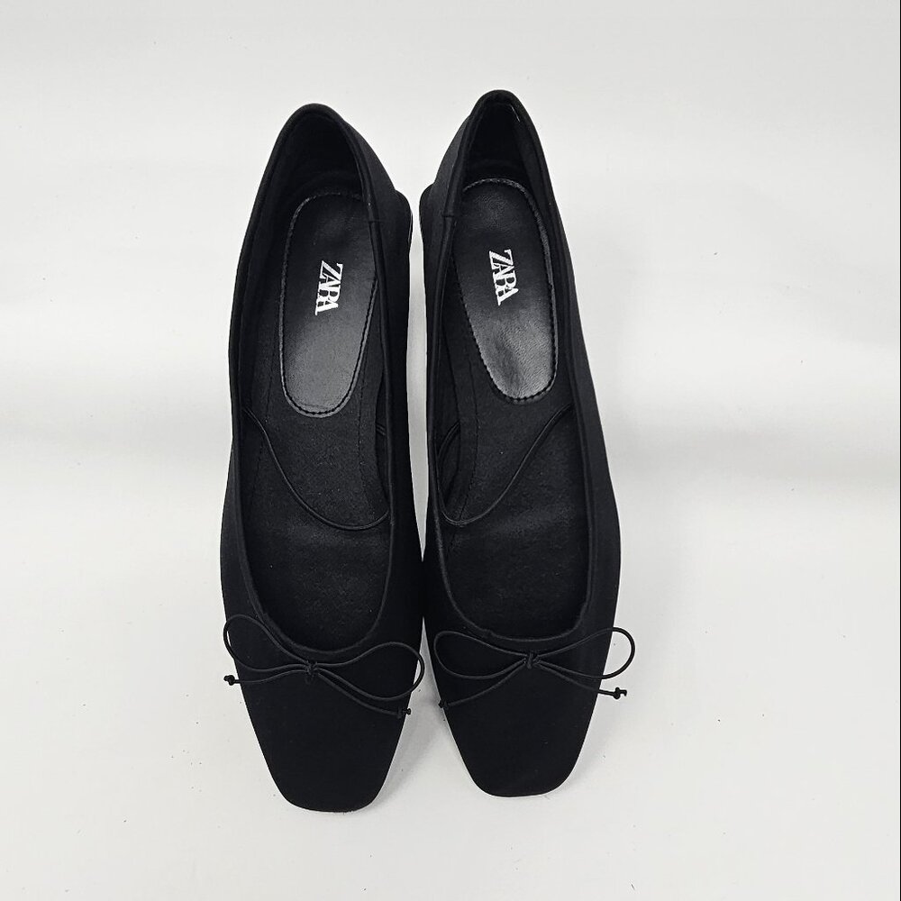 Zara Women’s Satin Effect Flats with Bow, Black, Size S8 US/38 EU